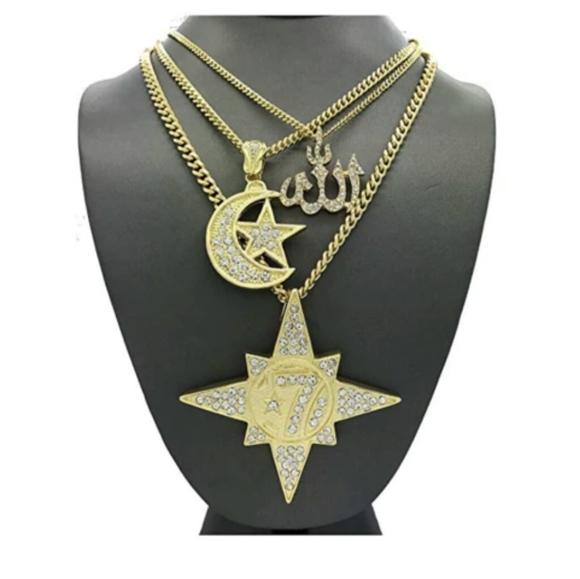 Gold 7 Percent Necklace Allah Islamic Moon Star - Picture 1 of 2